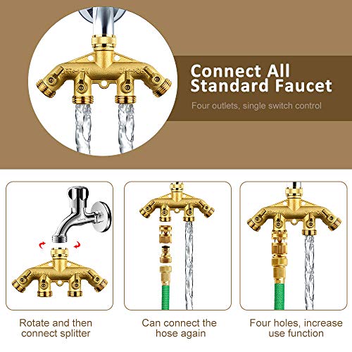 RIFFUE Garden Hose Splitter 4 Way Heavy Duty Brass Hose Spigot Adapter with 4 Valves， Hose Connector 3/4