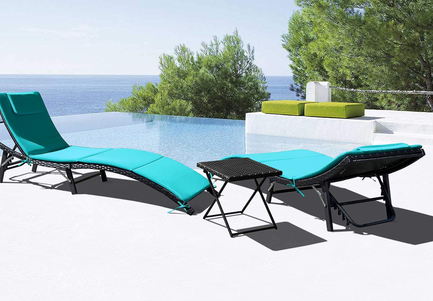 Lacoo 3 Pieces Patio Furniture Outdoor Patio Lounge Chair Adjustable Folding Lawn Poolside Chaise Lounge Chair PE Rattan Patio Seating with Folding Table and Blue Cushion