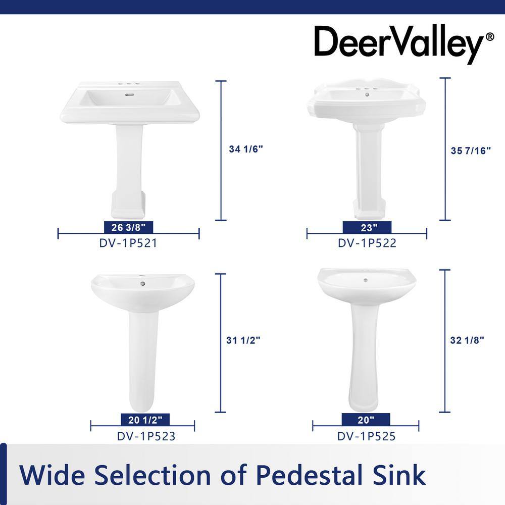 DEERVALLEY DeerValley Dynasty 26 34 in. Tall White Vitreous China Rectangular Pedestal Bathroom Sink With Overflow DV-1P522