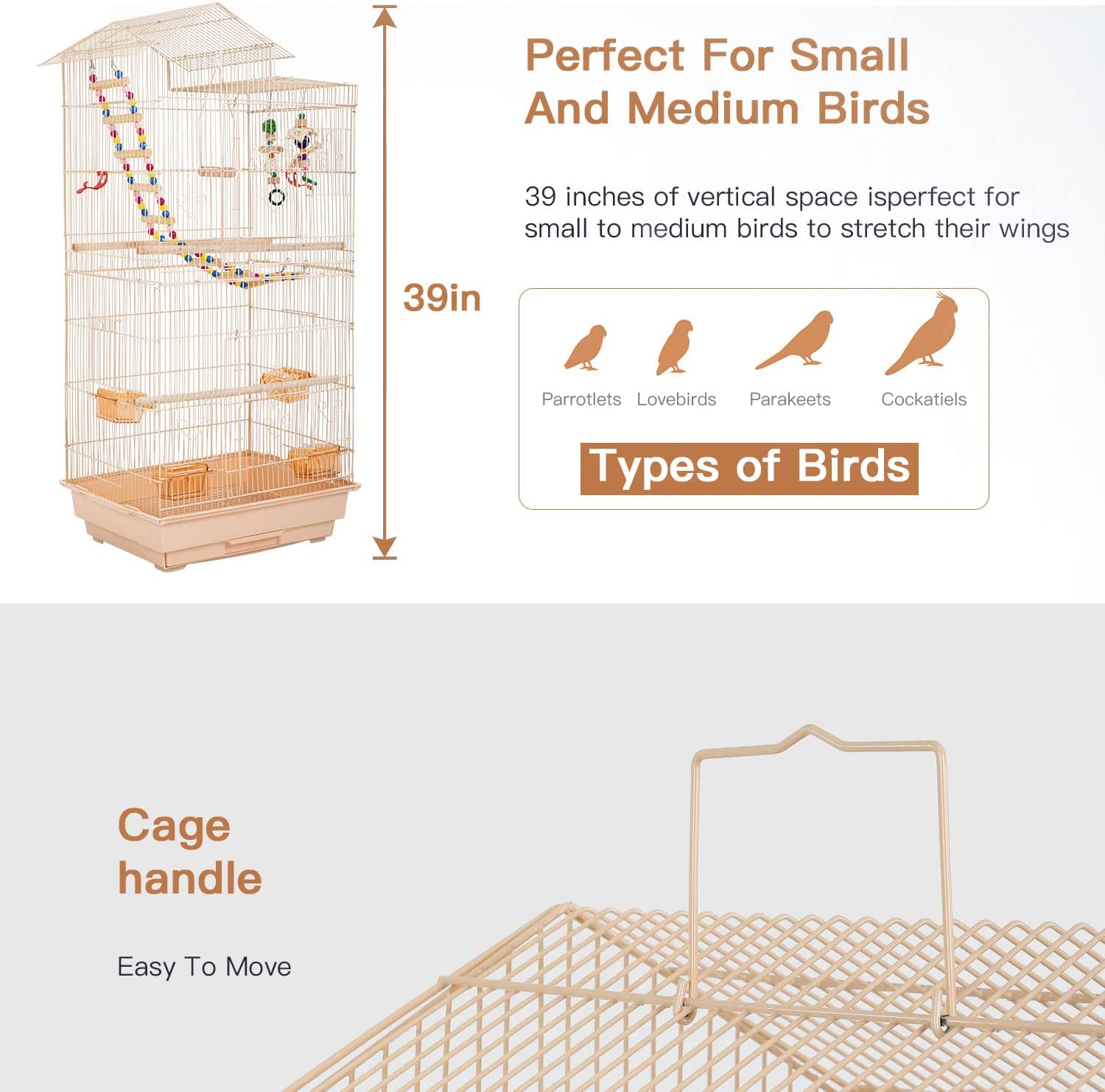 YRLLENSDAN 39 inch Roof Top Large Bird Cage， Parakeet Flight Cage for Bird Cages for Cocktails Parrot Cage Birdcage for Parrots Conure Lovebird Cockatiel