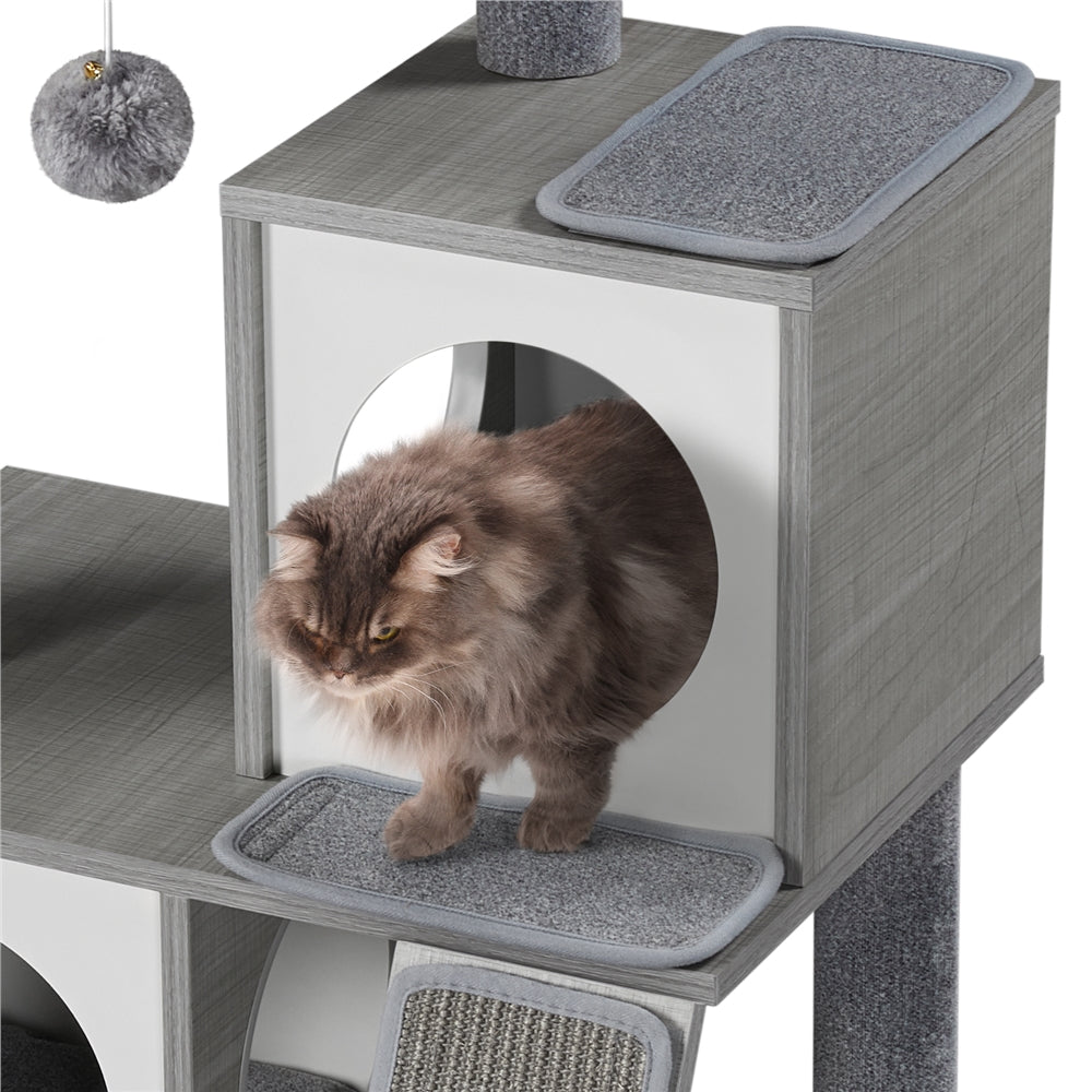 Yaheetech 35'' Multilevel Cat Tree Fabric Felt Cloth Medium Cat Tower with Two Condos Perch Scratching Posts Basket， Light Gray