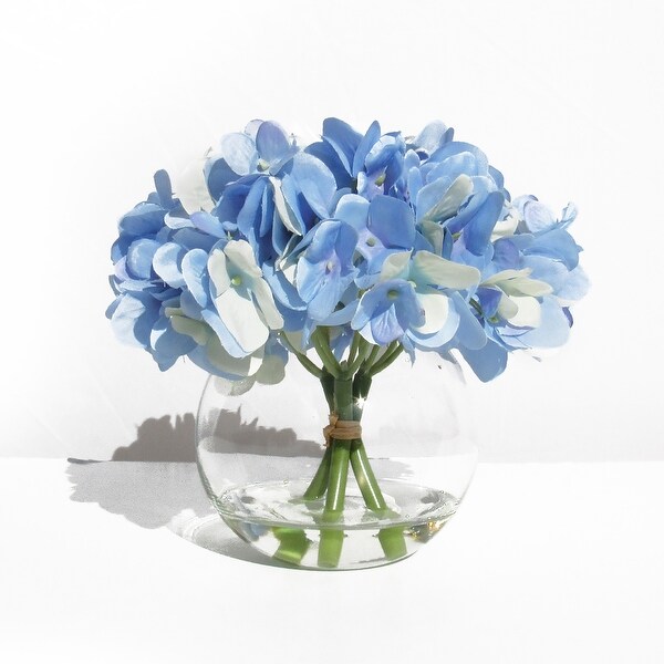 Artificial Hydrangea Flower Arrangement in Round Glass Vase 7in