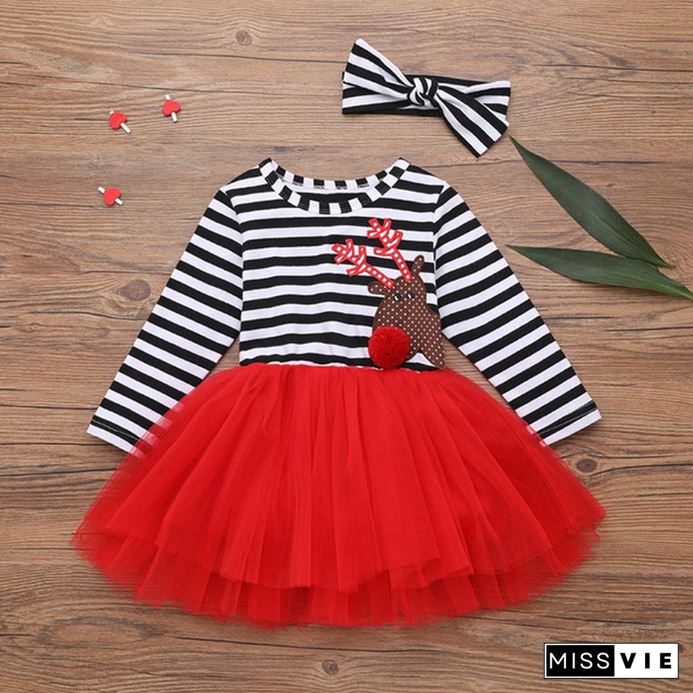 Toddler Baby Girls Christmas Santa Striped Print Tulle Dress+Headband Outfits