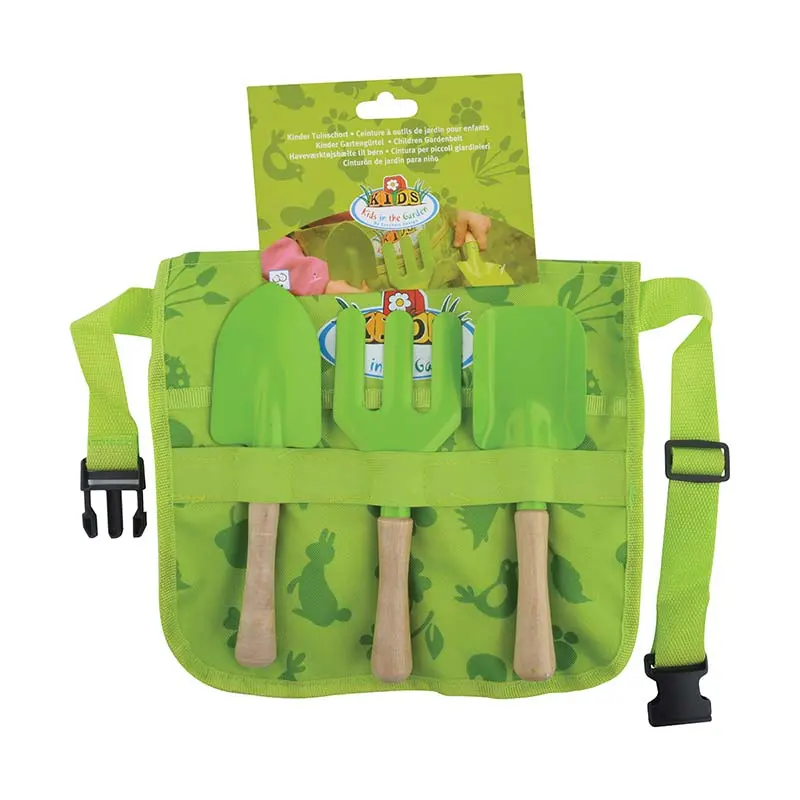 4pcs Junior Kids Garden Tools Sets Kit Trowel Rake Shovel Tool Belt Wood Handle Tools Waist Belt for Kid Toy Gift