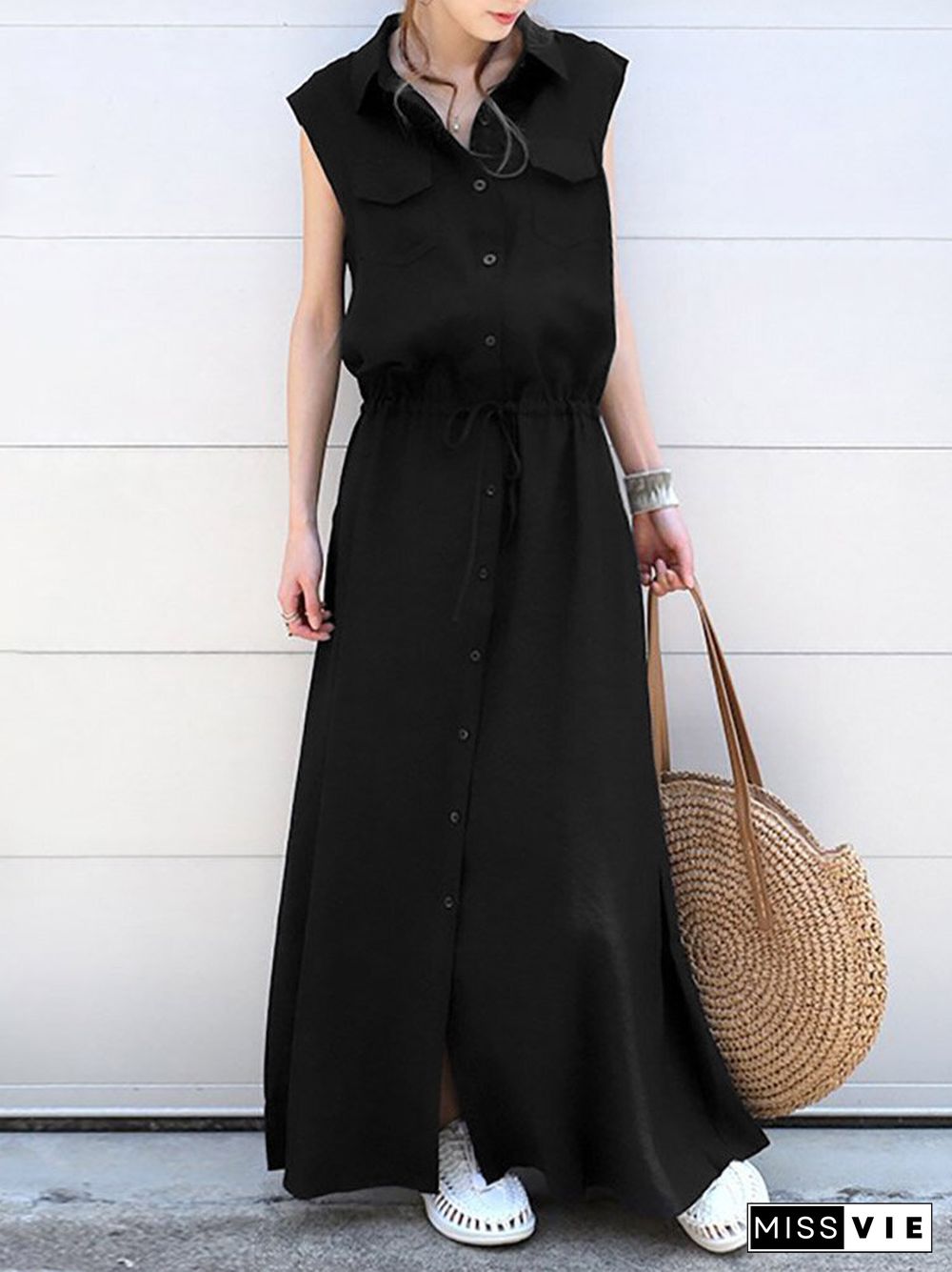 Solid Drawstring Waist Pocket Button Front Maxi Cargo Dress