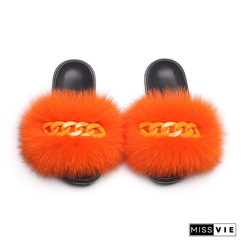 New Fashion Real Fox Fur Slippers For Women Fur Slides Summer Beach Fluffy Chain Fur Sandals Home Furry Flip Flop Plush Shoes Multicolor