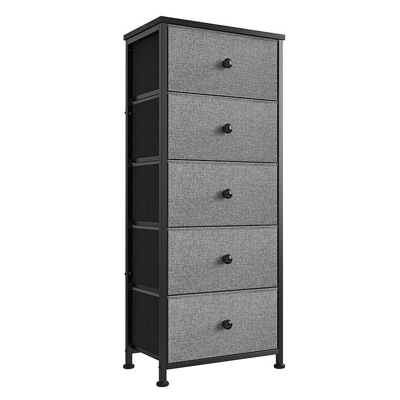 REAHOME Vertical Narrow Metal Tower Dresser w/ 5 Fabric Drawer Bins， Light Grey