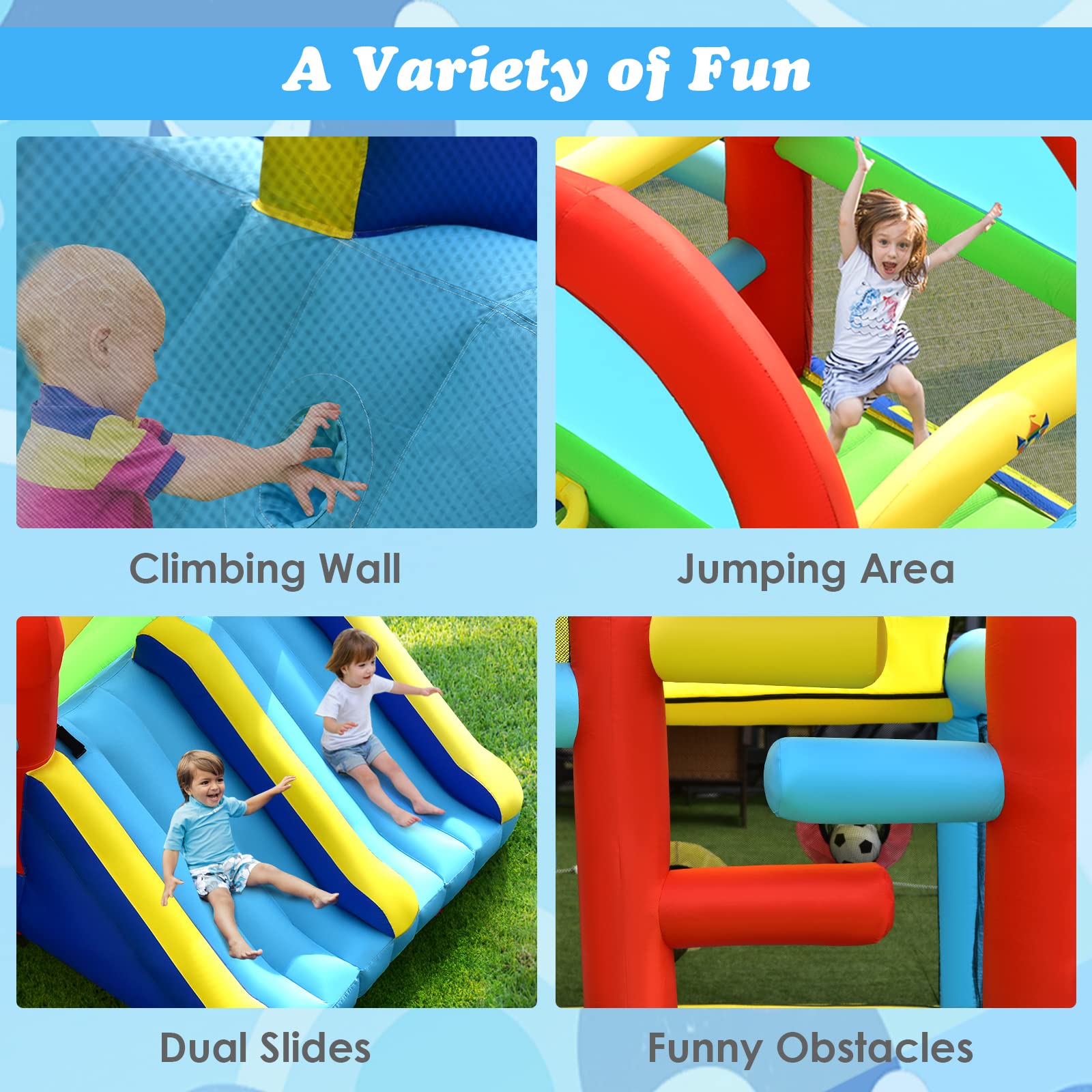 BOUNTECH 8 in 1 Inflatable Bounce House, Bouncy House for Kids 5-12 Ages Indoor Outdoor Party Family with Canopy, Obstacles