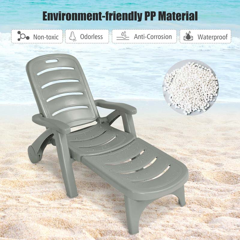 Rolling Folding Plastic Pool Lounge Chair with Armrests, 5-Position Outdoor Sun Lounger Patio Deck Chair Beach Chair