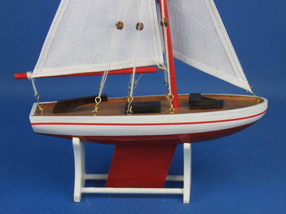 Handcrafted Model Ships Sailboat Red White Sails 1...