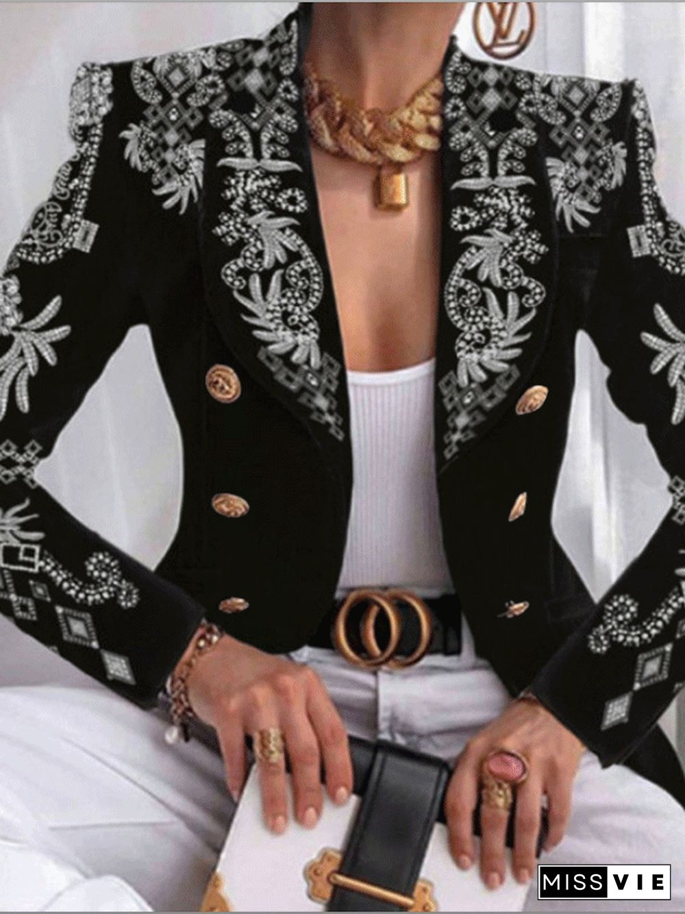 Women's Blazers Lapel Double-Breasted Printed Long Sleeve Blazer