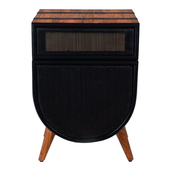 24 Inch Acacia Wood Accent Cabinet Chest with 1 Mesh Drawer and 1 Door， Brown and Black