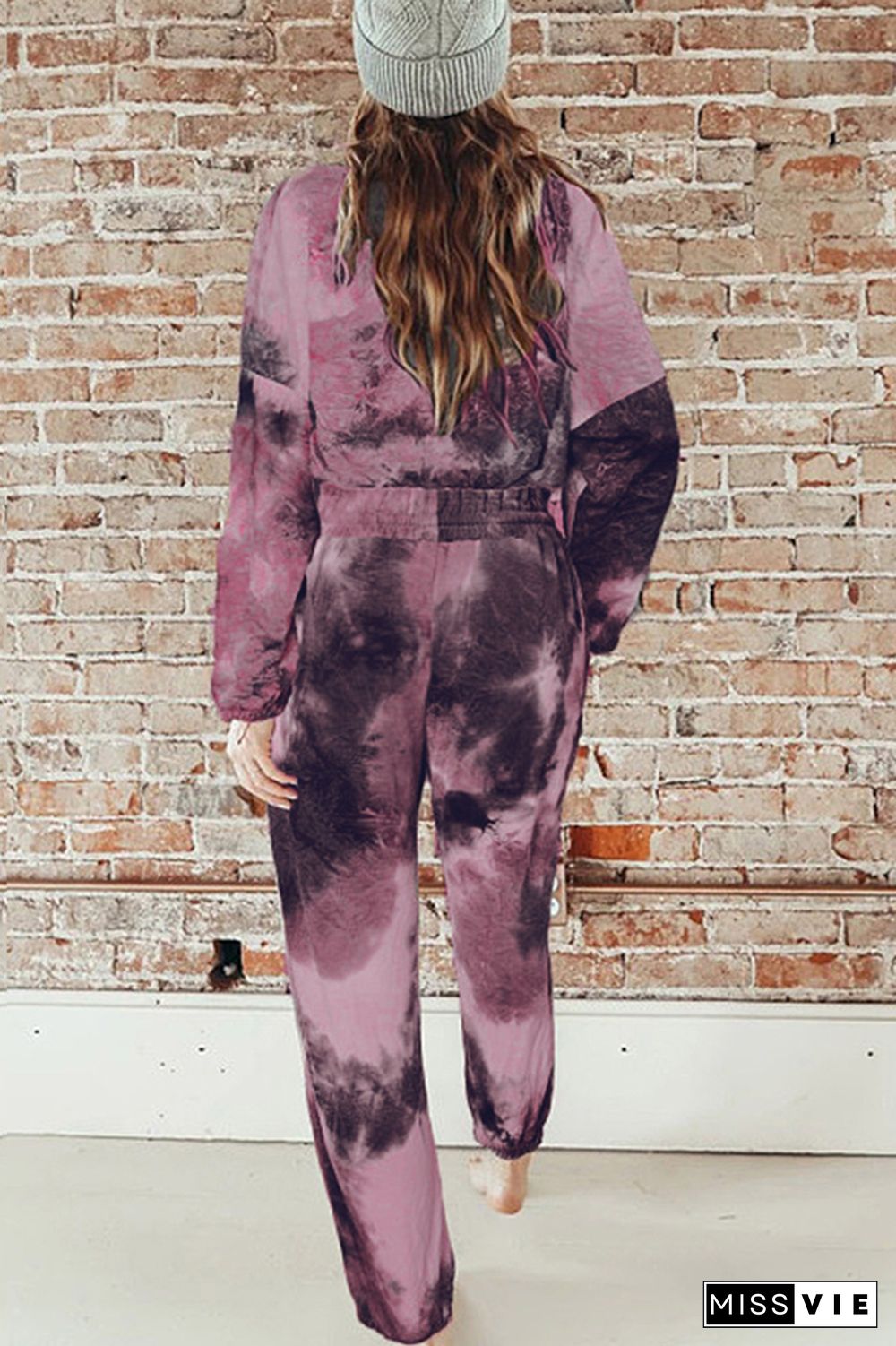 Fashion Purple Tie Dye Drawstring Long Sleeves Tops & Pants Sports Set Wholesale