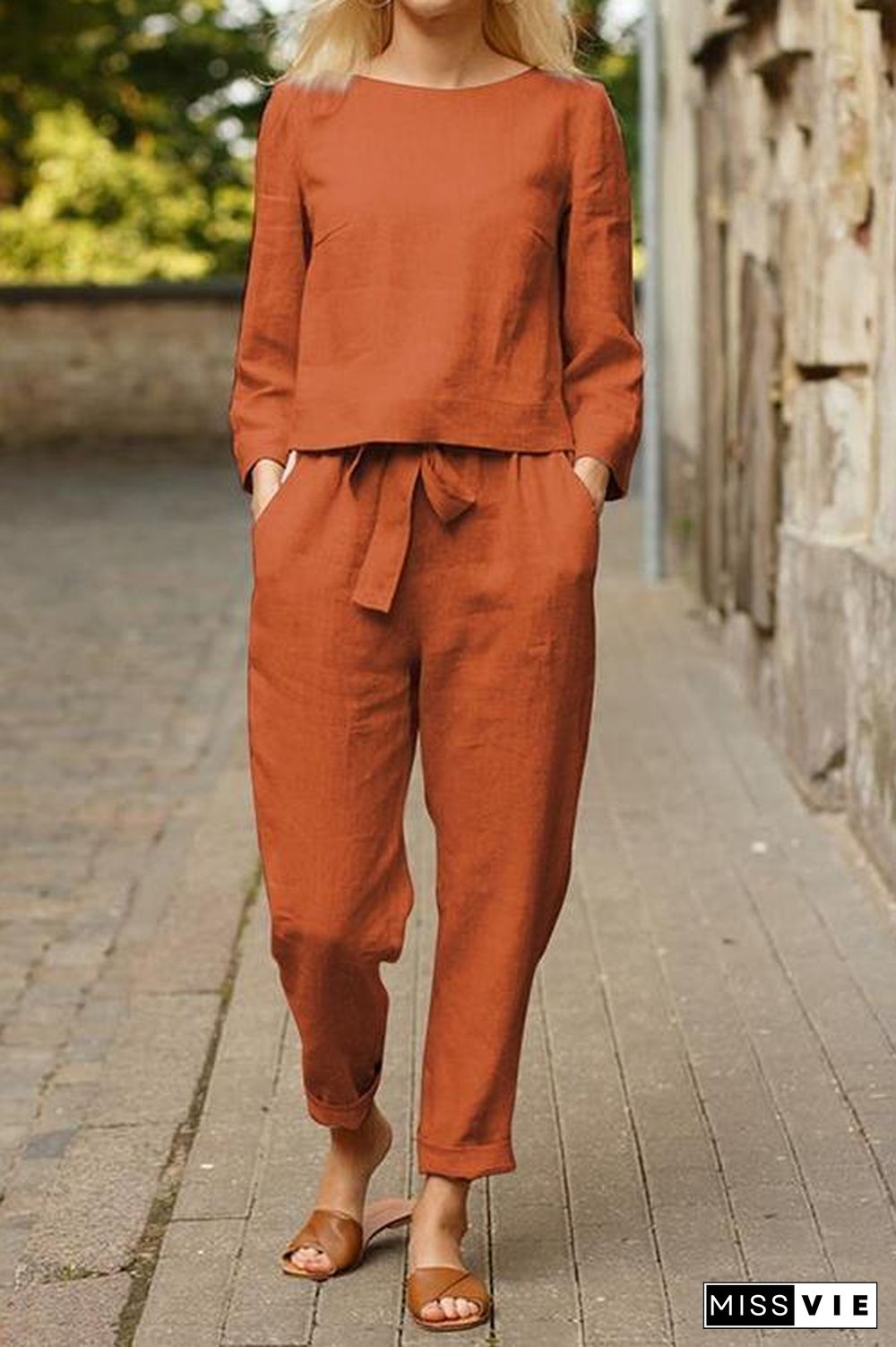 Linen O Neck Long Sleeve Pants Set