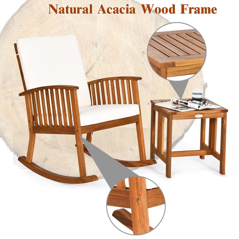 2 Pcs Acacia Wood Patio Rocking Chair Table Set with Thick Cushion, Outdoor Bistro Set Porch Rocker