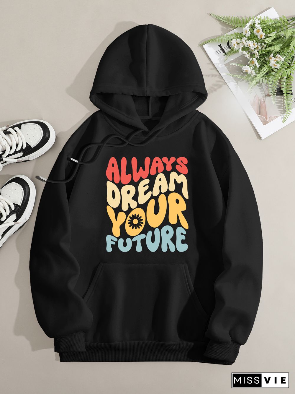 Printed on front Kangaroo Pocket Hoodie Long Sleeve for Women Pattern always dream your future