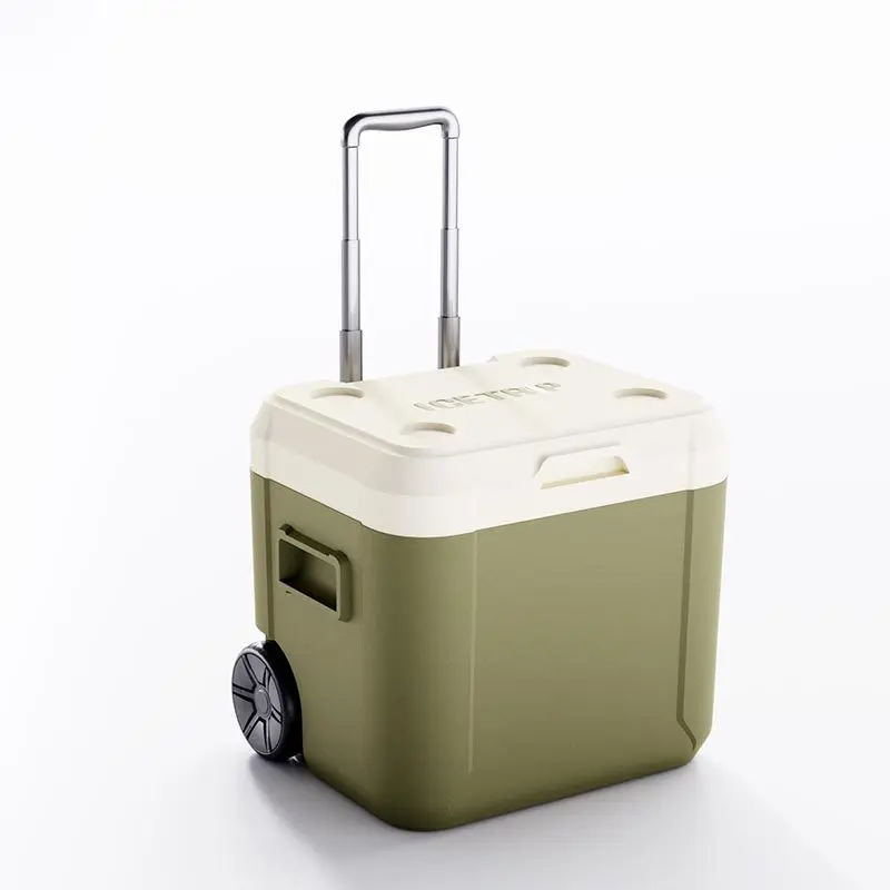 2023 Hot selling outdoor food grade material plastic portable table wheeled 52l cooler box with wheels and handle