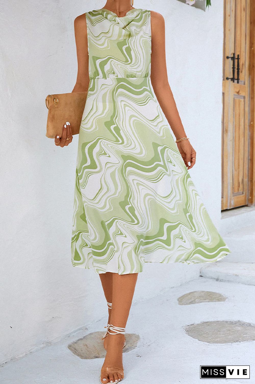 Swing Collar High Waist Sleeveless Printed Midi Dress