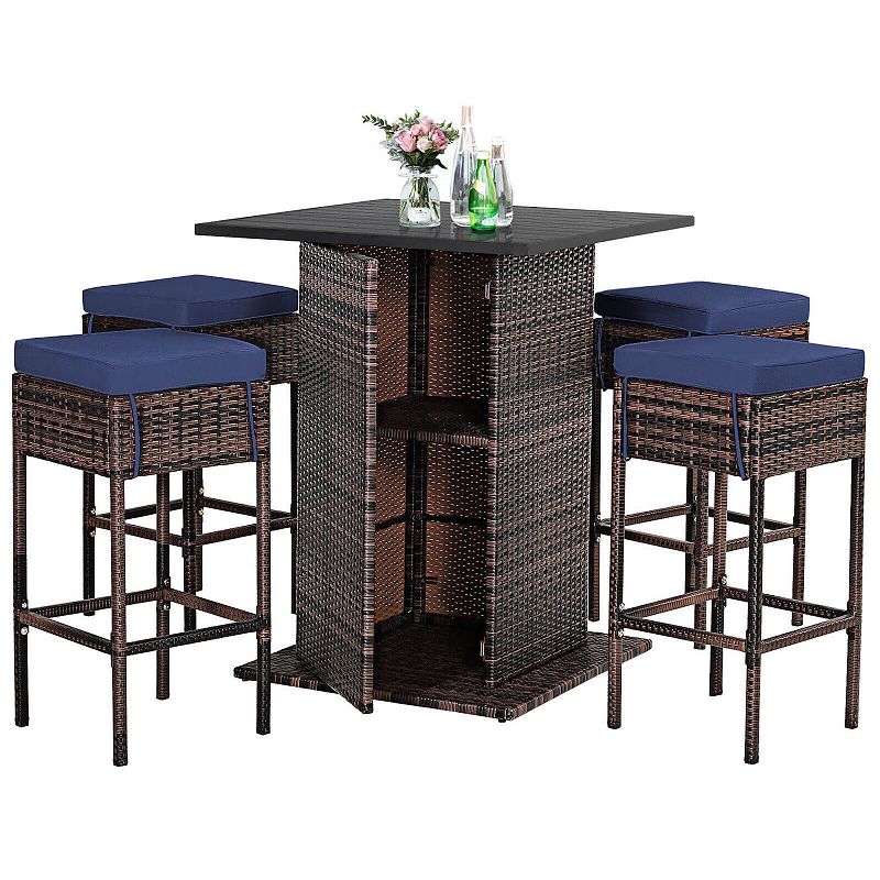 5 Pieces Patio Rattan Bar Table Stool Set Hidden Storage Shelf Cushion