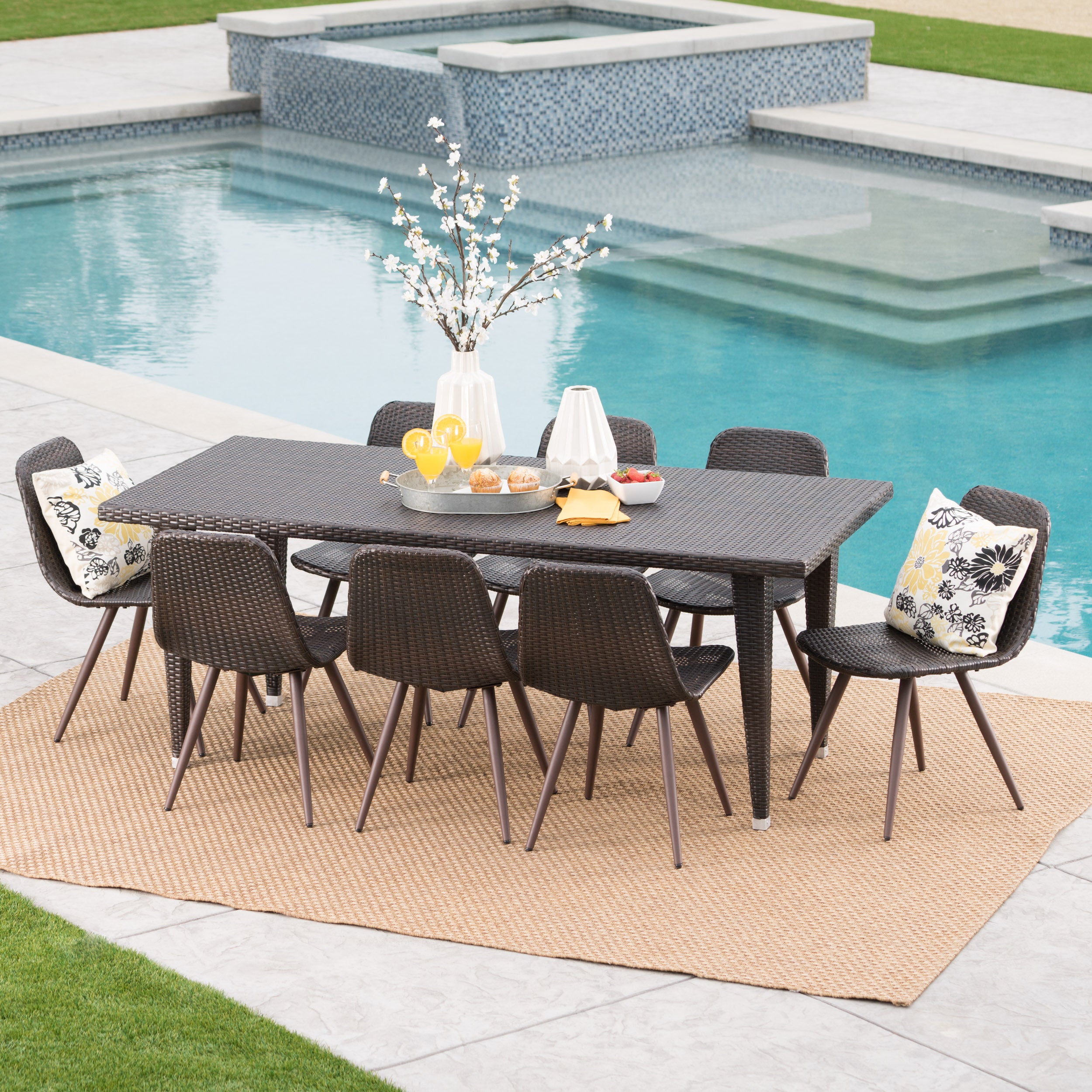 Luka Outdoor 9 Piece Multi-brown Wicker 73.5 Inch Rectangular Dining Set