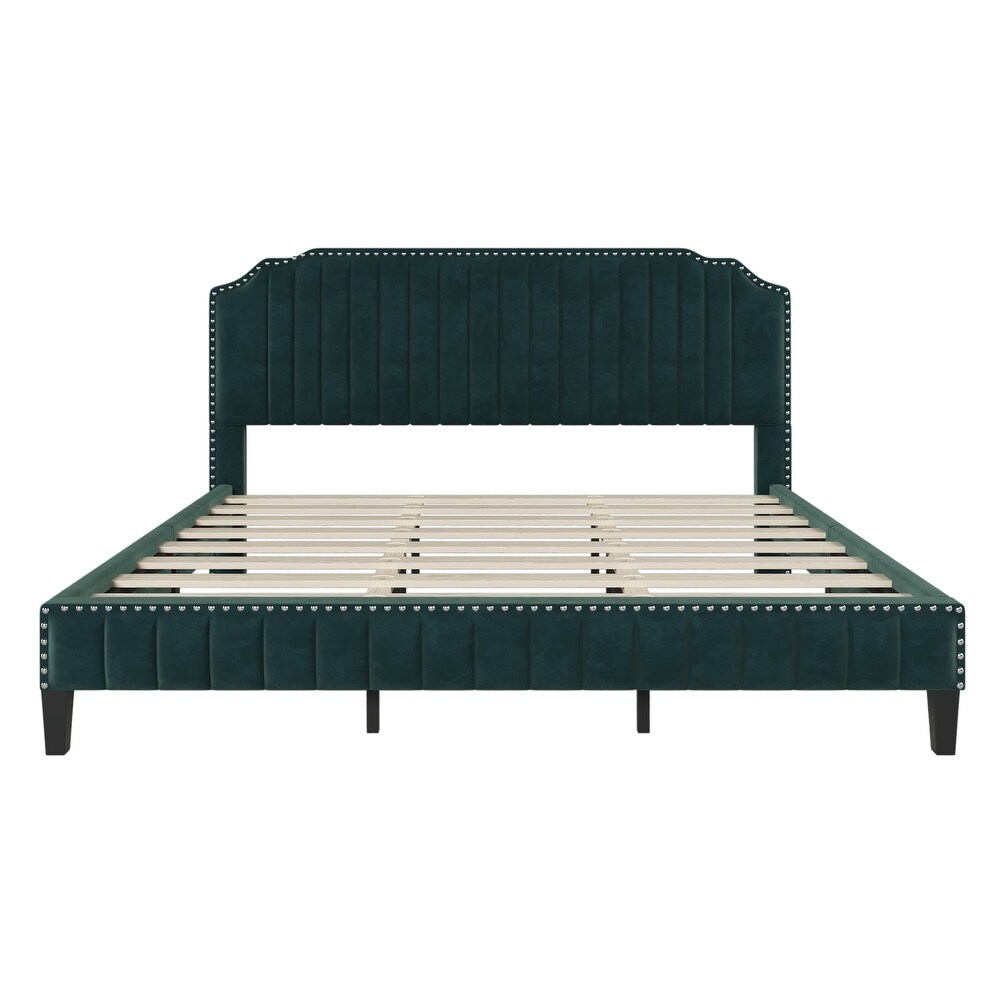 3 Pieces Bedroom Set w/ Nailhead Trim King Velvet Platform Bed  Green