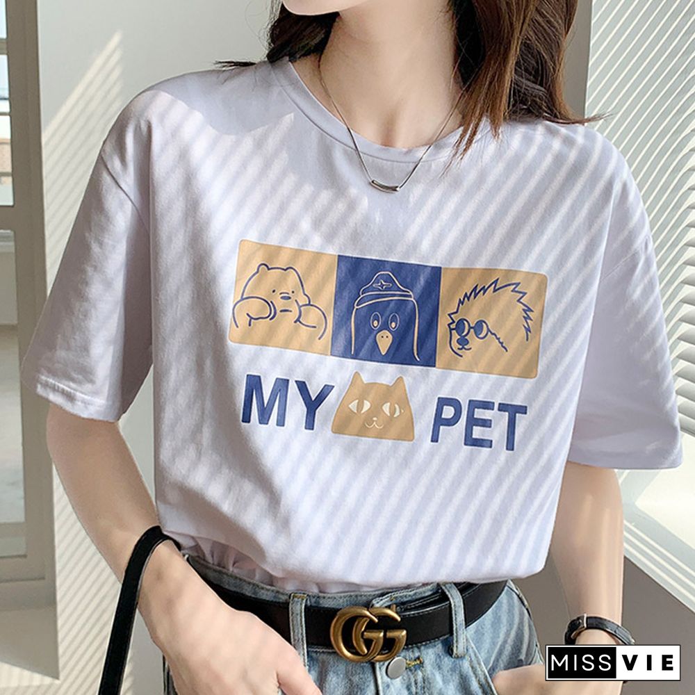 Cartoon Letter Print Round Collar Loose T-Shirt