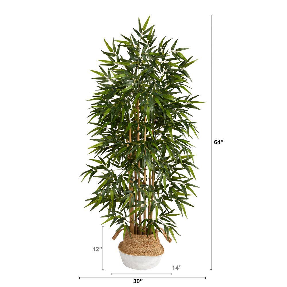 Nearly Natural 64 in. Green Bamboo Artificial Tree with Natural Bamboo Trunks in Boho Chic Handmade Cotton and Jute White Woven Planter T2888