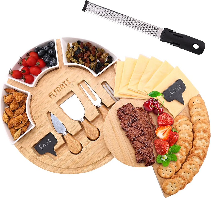 MinBoo Cheese Board Set Round Charcuterie Boards with Cheese Grater， Bamboo Swivel Cheese Cutting Board and Knife Set Cheese Serving Platter for Thanksgiving Day， Christmas， Family Gatherings