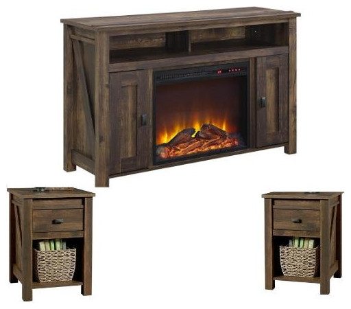 Ameriwood Farmington 3 Piece Fireplace TV Stand and Matching Nightstand Set   Farmhouse   Living Room Furniture Sets   by Homesquare  Houzz