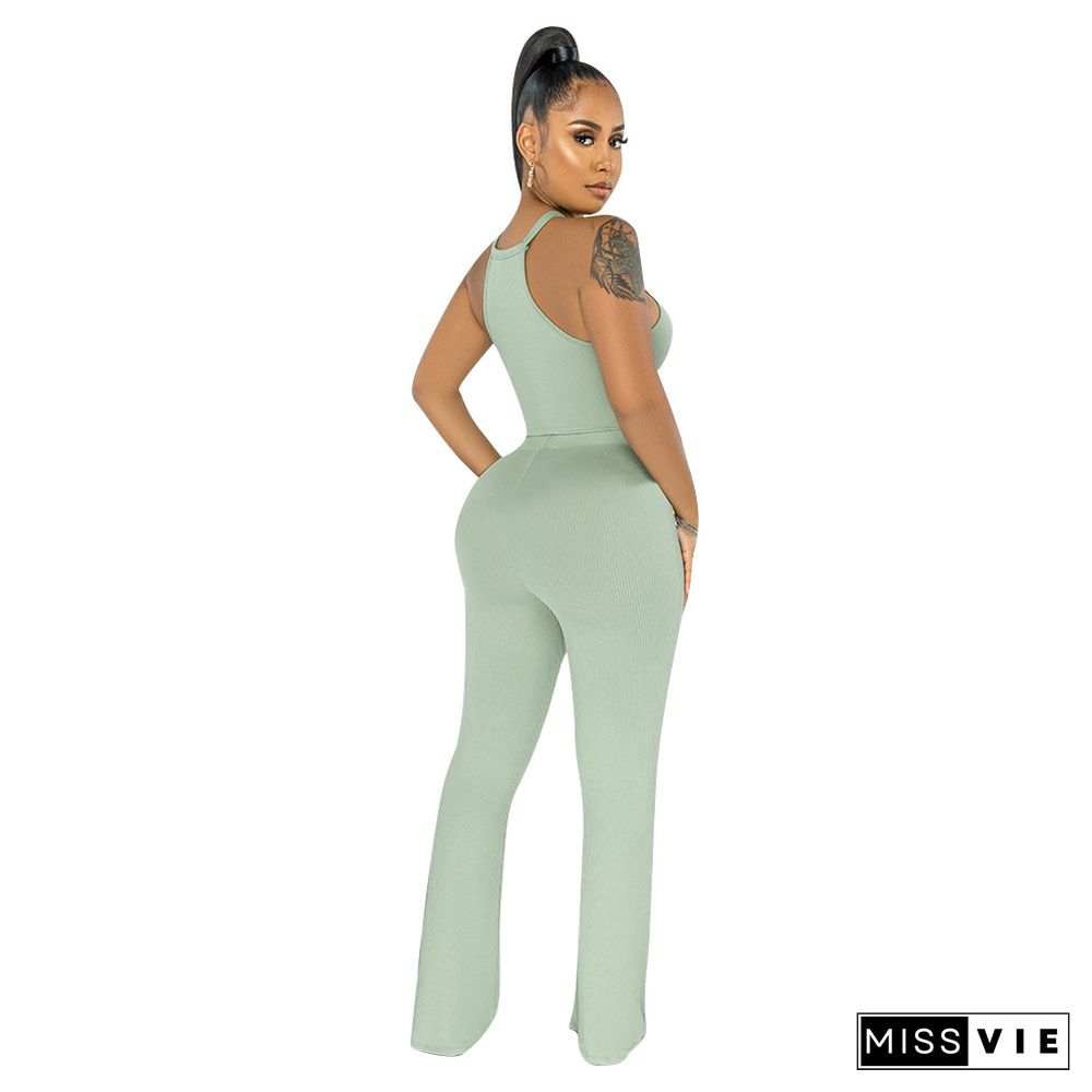 Solid Bandage Sleeveless Crop Top Flare Pants Set