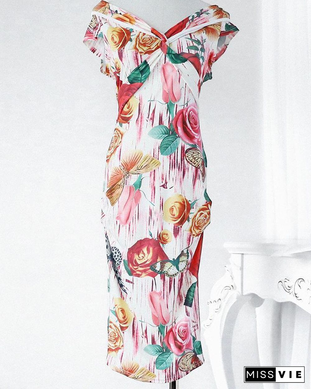 Vintage Floral Twisted Fold-over Bodycon Midi Dress P16183