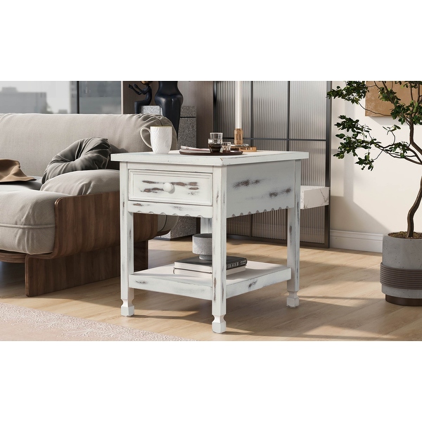 Classical BlackandWhite End Table with Open Styled Shelf Large Storage Space，Side Table Drawer with Metal Handles for Living Room