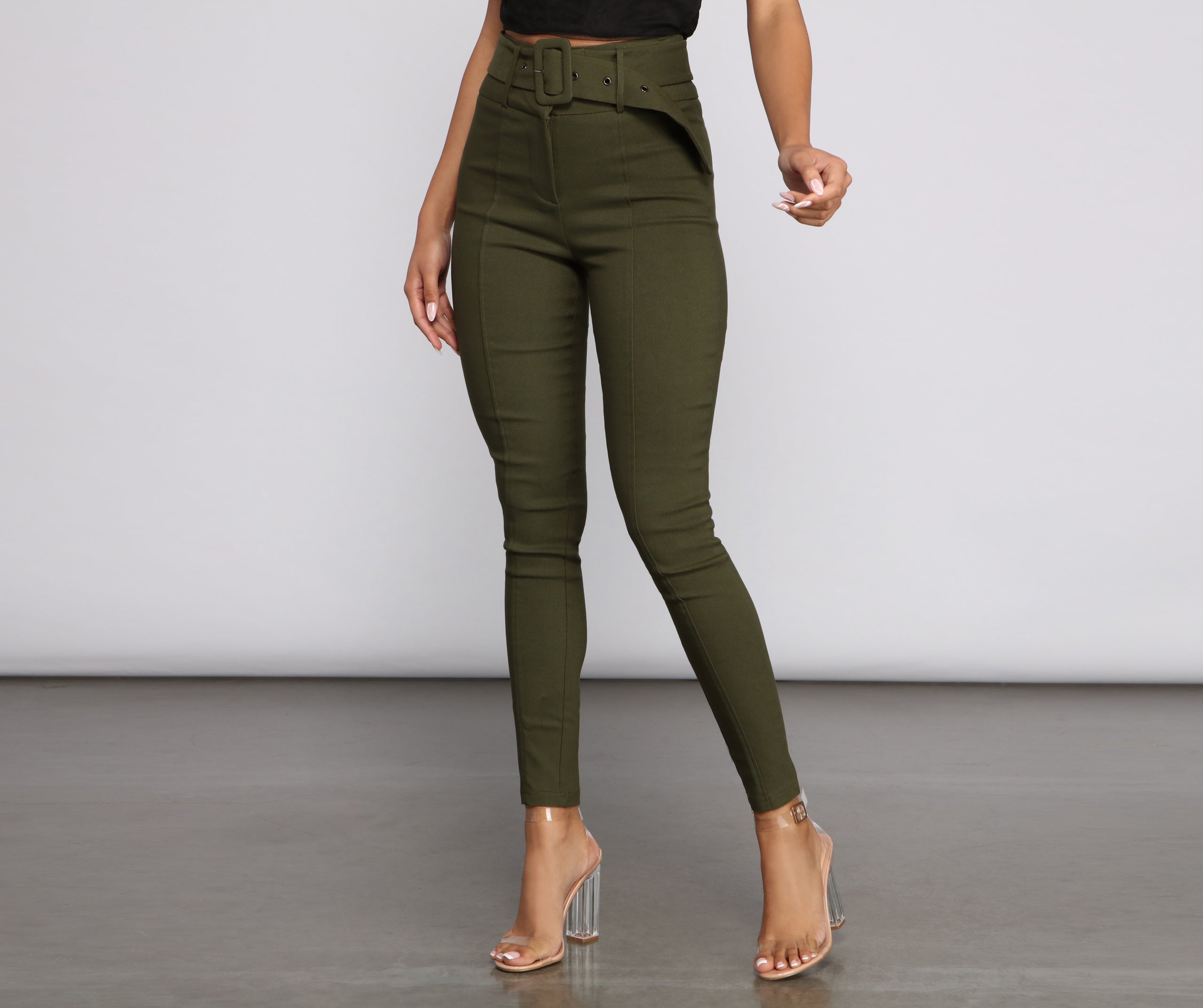 High Waist Belted Skinny Pants