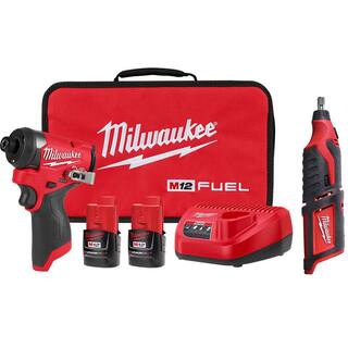 MW M12 FUEL 12-Volt Lithium-Ion Brushless Cordless 14 in. Hex Impact Driver Kit with M12 Rotary Tool 3453-22-2460-20