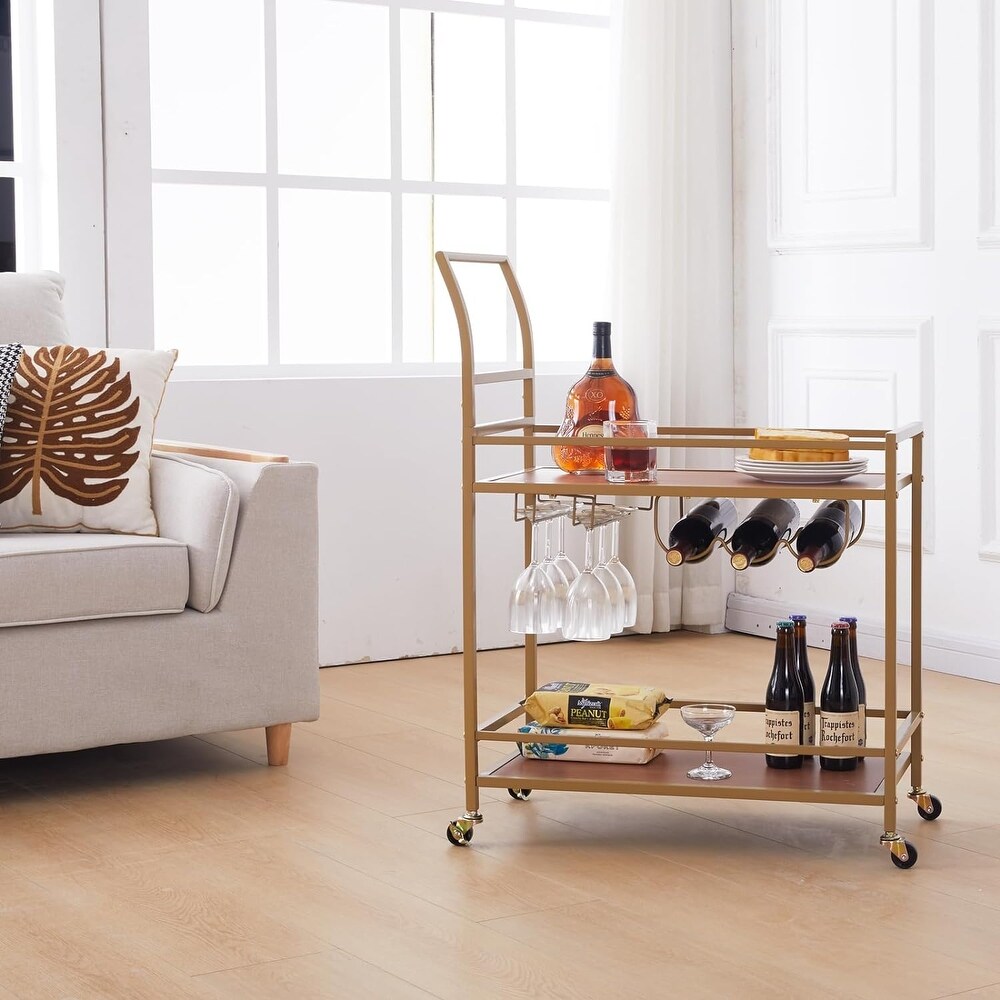 Gold Wood Wine Kitchen Cart with Wheels and Wine Rack
