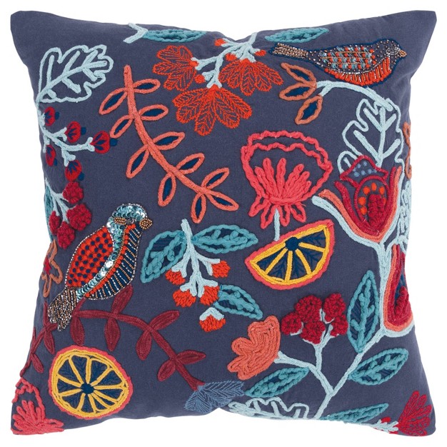 Oversize Poly Filled Floral With Bird Square Throw Pillow Dark Blue Rizzy Home