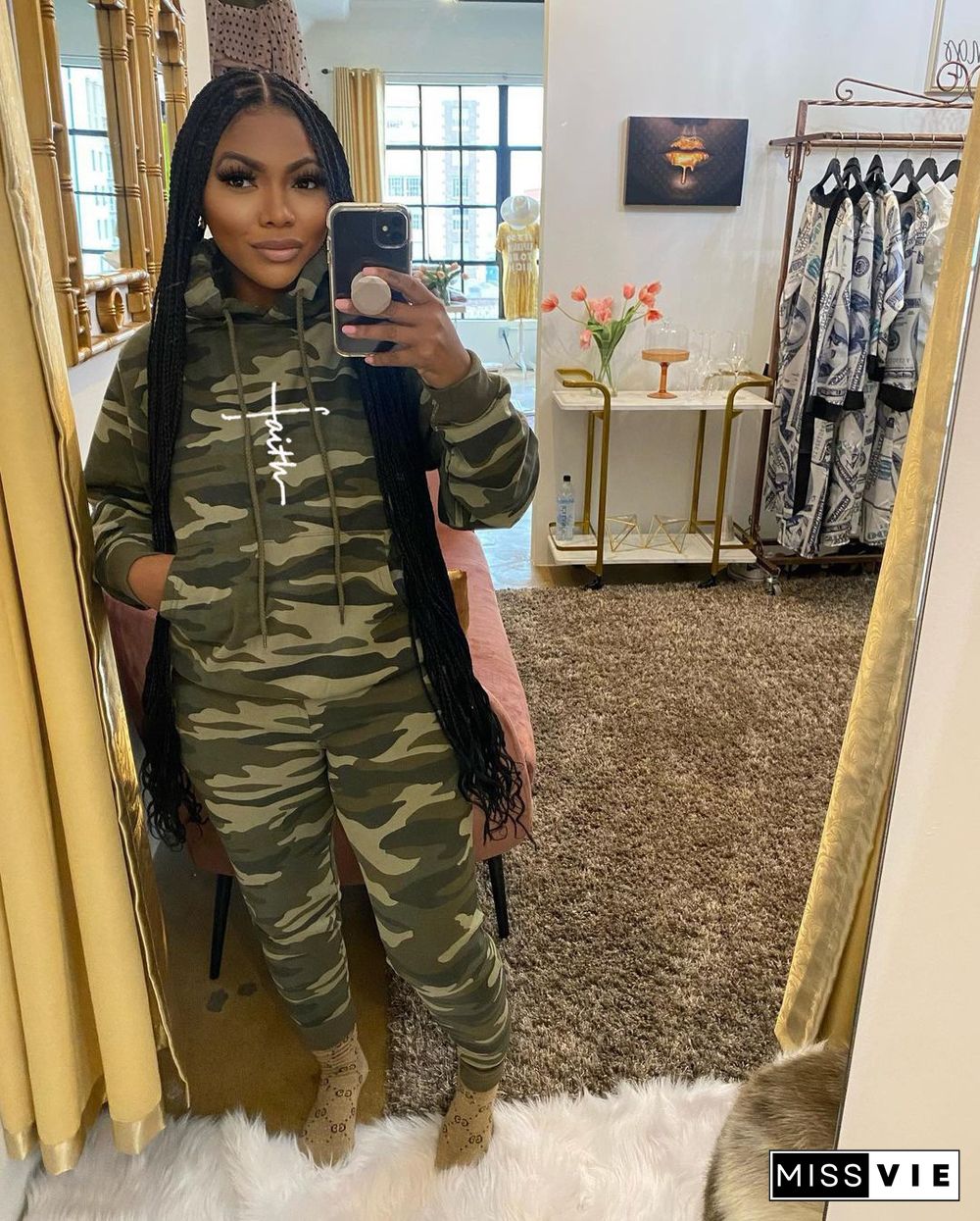 Camouflage Print Hoodie Joggers Pants Sweat Suit