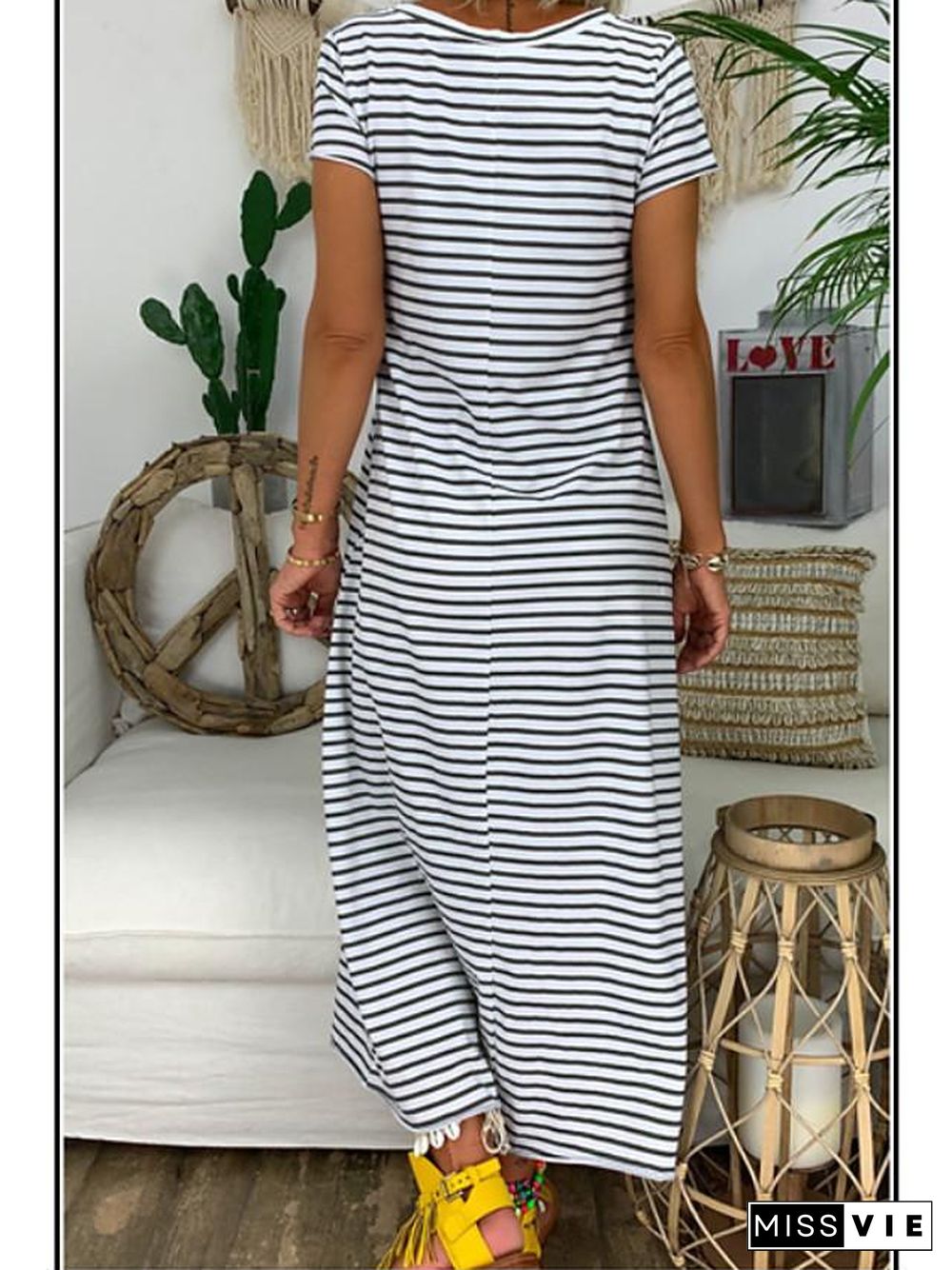 Women's A-Line Dress Maxi long Dress Short Sleeve Striped Summer Hot Casual Chinoiserie  Black S M L XL XXL 3XL