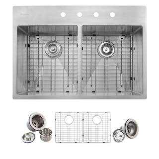 Glacier Bay Professional 33 in. Tight Radius 16 Gauge Drop-in 5050 Double Bowl Stainless Steel Kitchen Sink with Accessories 4167F