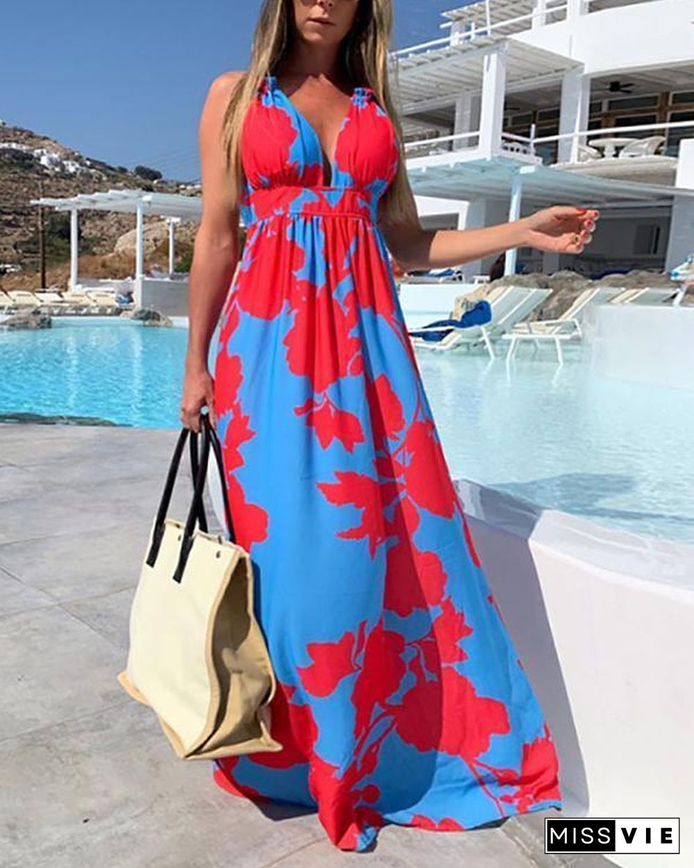 Plunging Neck Print Sleeveless Paneled A-line Elegant Maxi Dress