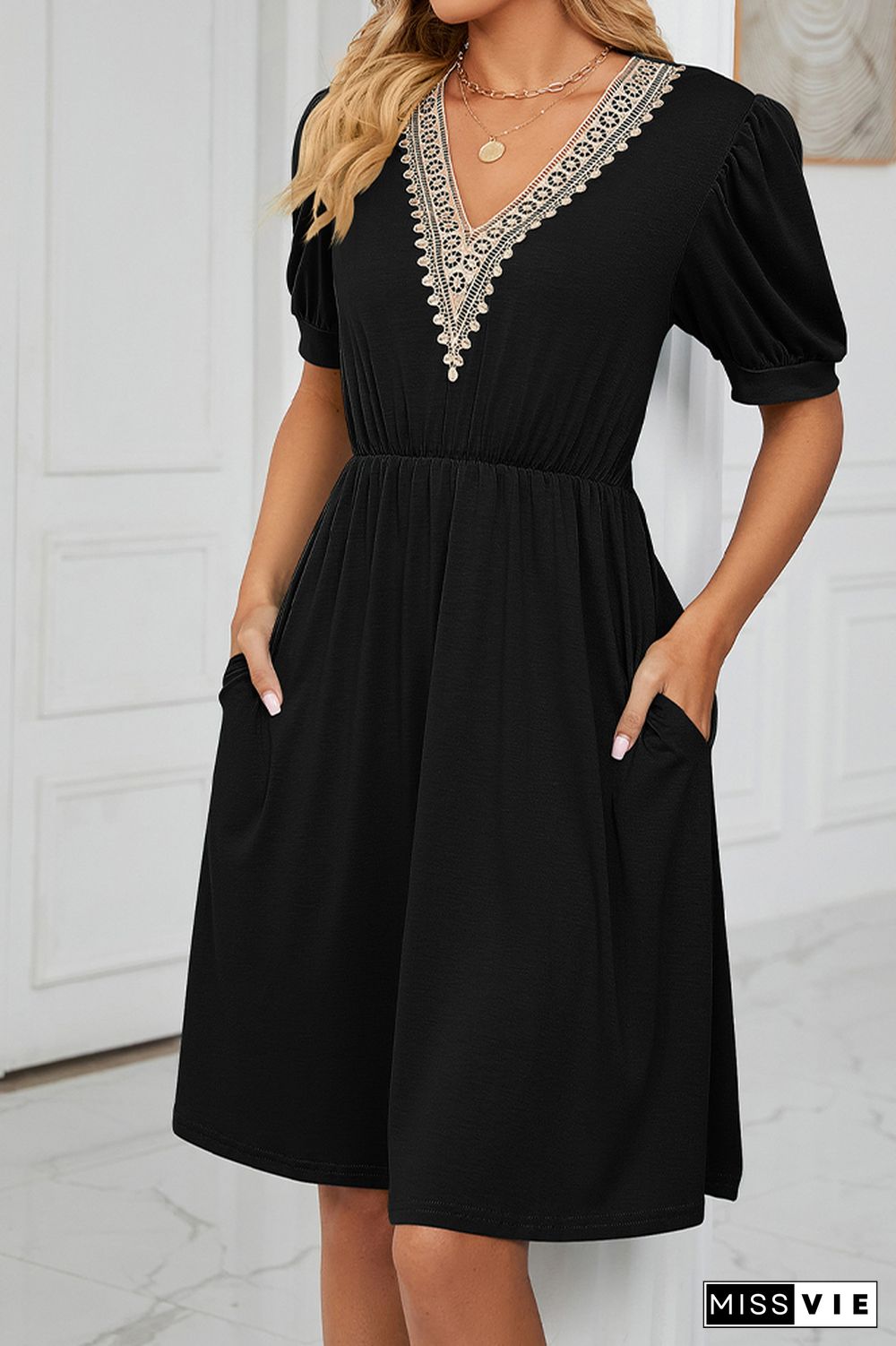 V Neck Lace Edge Pockets T-Shirt Dress