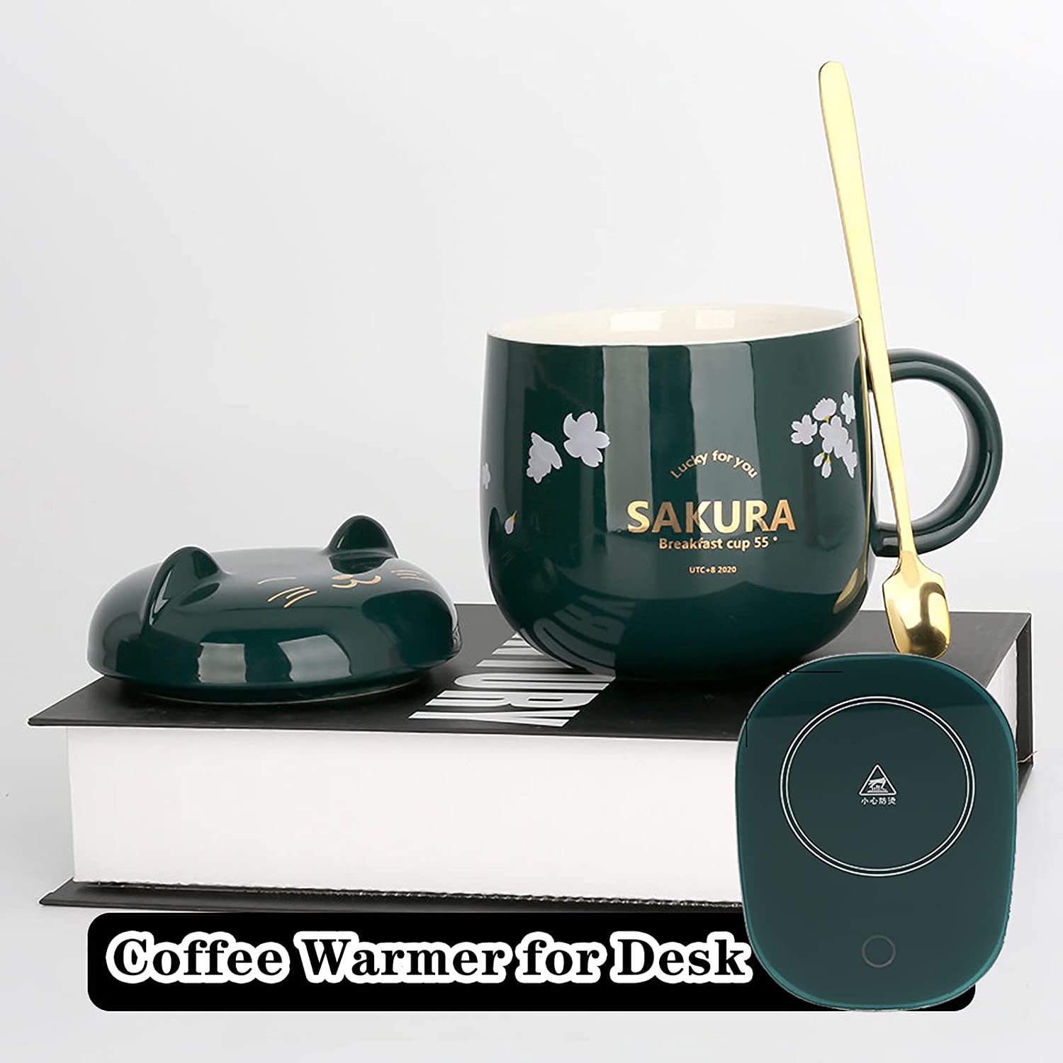 Smart Coffee Mug Warmer， Cat Coffee Cup Warmer Set， Coffee Warmer Mug Warmer with Cup for Desk， Ceramic Cup Warmer Set， Green