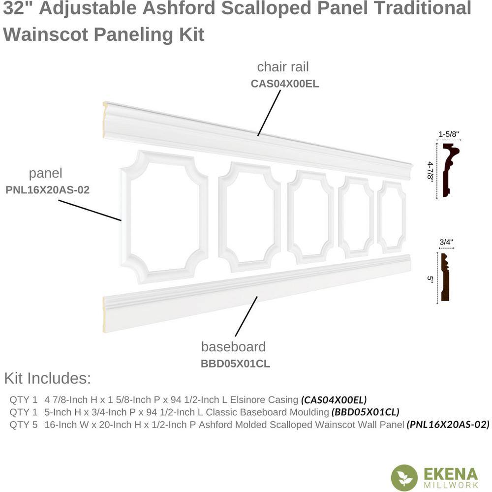 Ekena Millwork 94-12 in. Adjustable 32 in. to 36 in. Ashford Scalloped Panel Traditional Wainscot Paneling Kit WPKUSC011P032