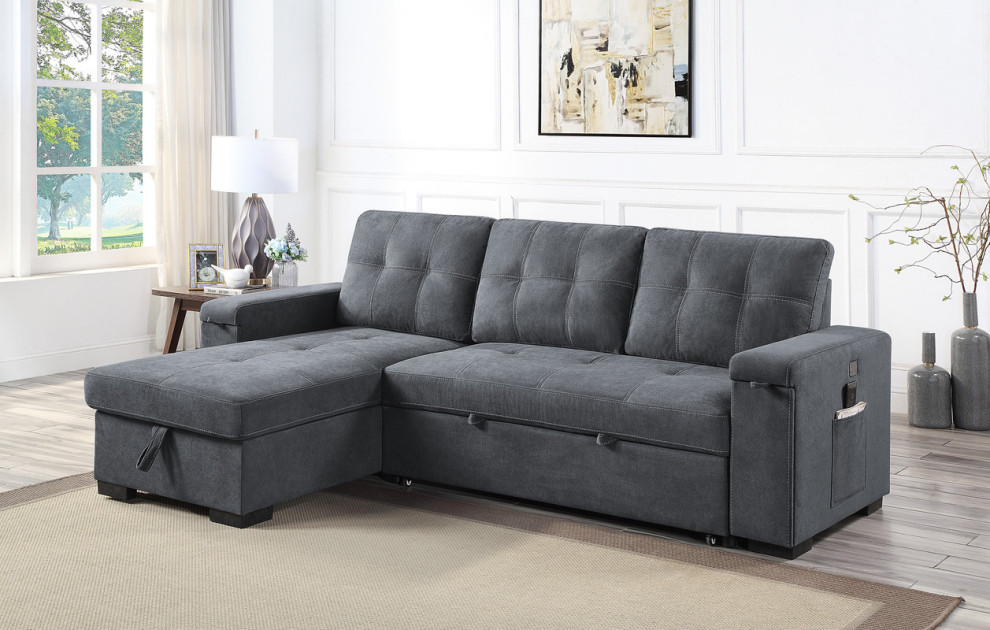 Toby Gray Woven Reversible Sleeper Sectional w/ Storage  Cupholder  USB Port   Transitional   Sleeper Sofas   by Lilola Home  Houzz