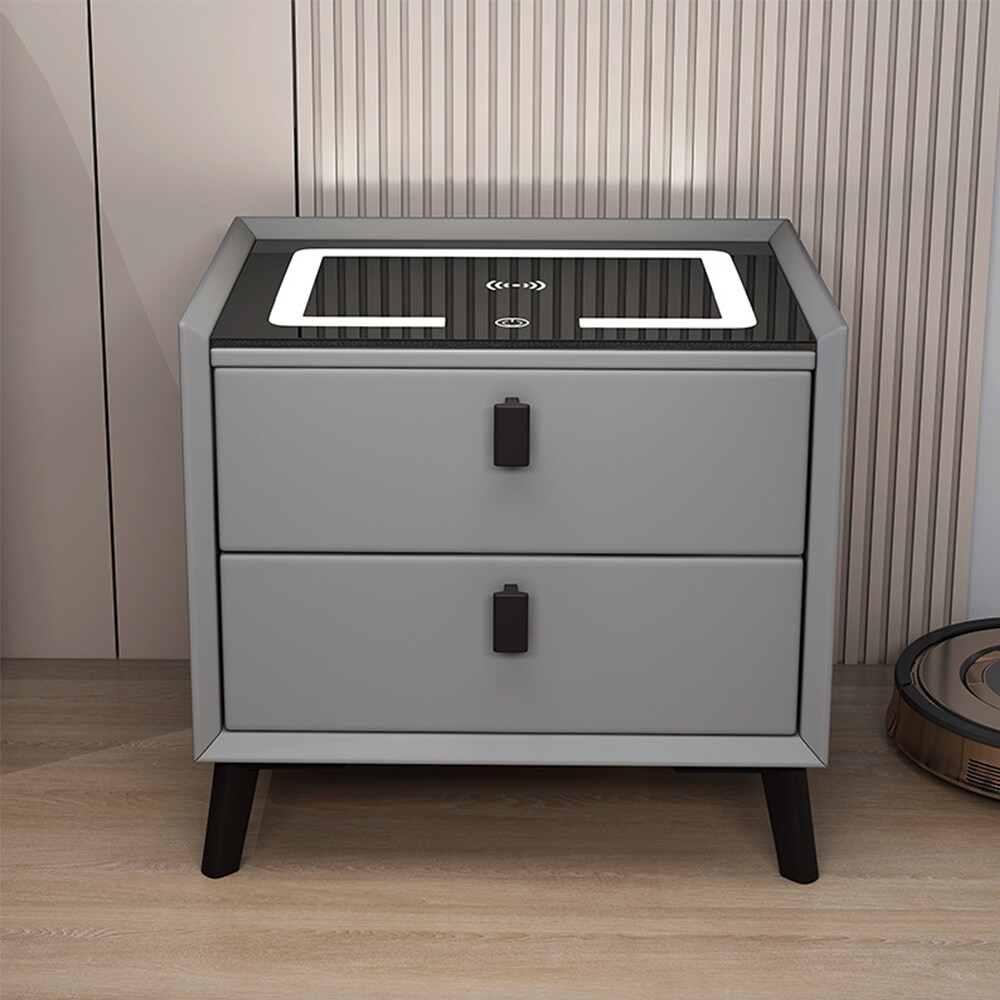 Solid Wood Smart Nightstands with Wireless Charging Station  USB Port  3 Color LED Lights and Speaker