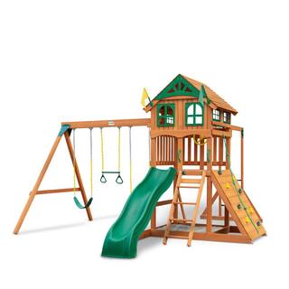 Gorilla Playsets DIY Outing III Wooden Outdoor Playset with Wood Roof Monkey Bars Slide Swings and Backyard Swing Set Accessories 01-1069