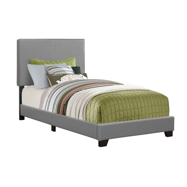 Bed， Twin Size， Bedroom， Frame， Upholstered， Grey Leather Look， Transitional