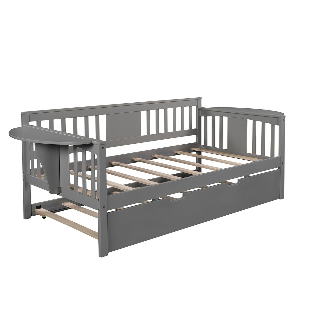 Twin Wooden Daybed Sofa Bed with 1 Trundle and 2 Extra Connected Small Coffee Table Shelf  Grey