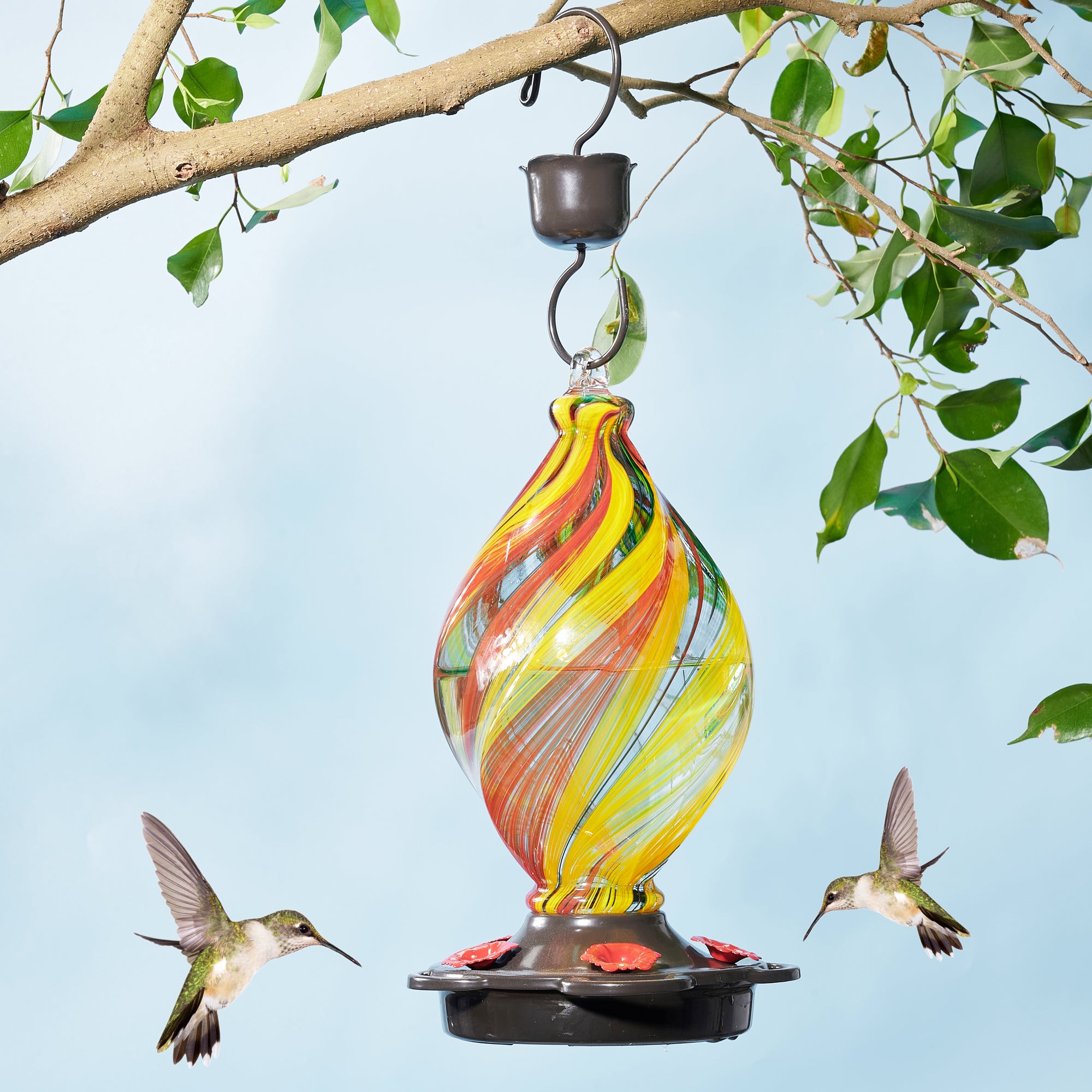 LUJII Spiral Shaped Hand Blown Glass Hummingbird Feeder with Ant Moat for Outdoors Hanging， 28 fl.oz， Leak Proof and Rustproof (Ribbon)