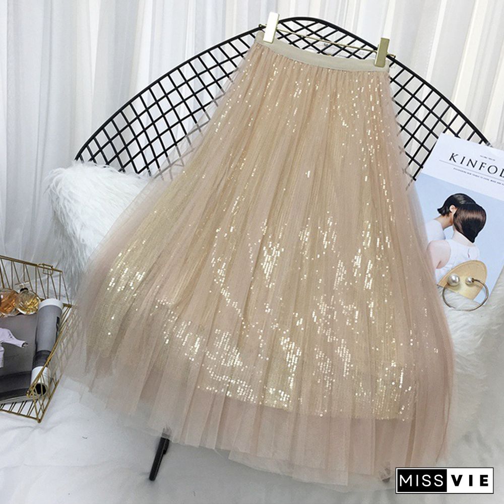 Spring Summer Skirts Women Korea Long Tulle Skirt Sequined Pleated A Line Midi Skirt Chic High Waist Skirt Female